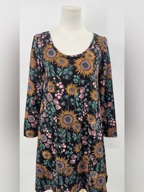 Mata Traders Black Dress Cotton Tunic Orange Floral Sunburst Long Sleeve S